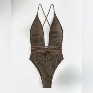 Brown Knit One-Piece Bathing Suit - New